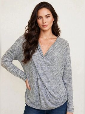 MSSP Max Studio Faux Wrap Top L Gray Space Dye Surplice Dolman Rayon